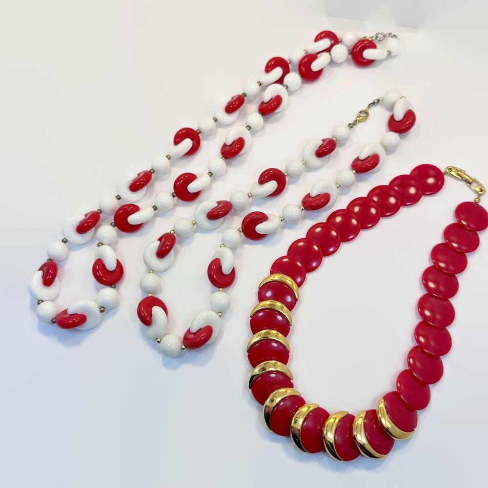 Red White Necklace, Lot of 3, Napier, Vintage, 60s, Plastic, Chunky, Collection